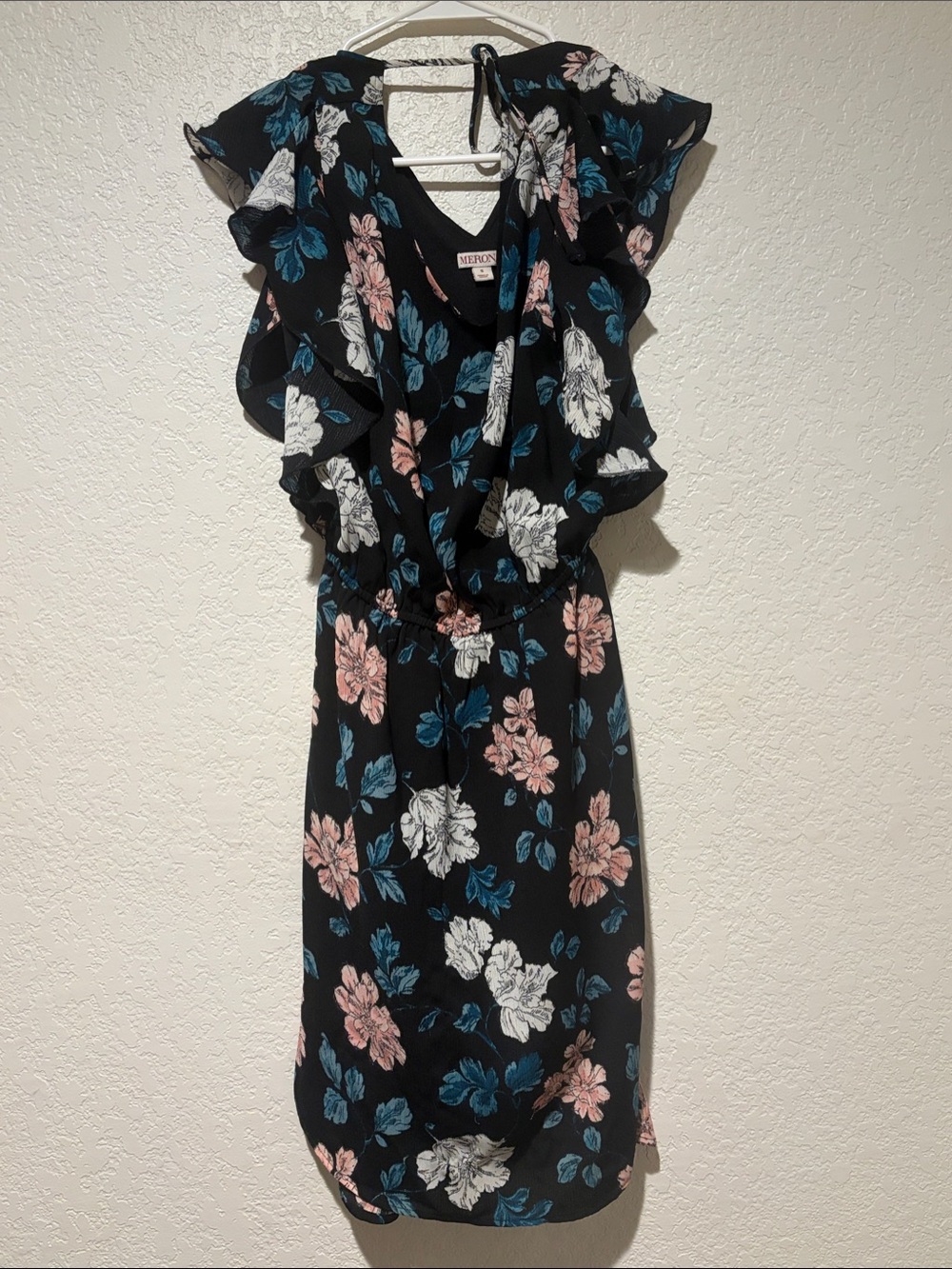 Merona Black Floral Ruffle Dress with Blue White and Pink Flowers